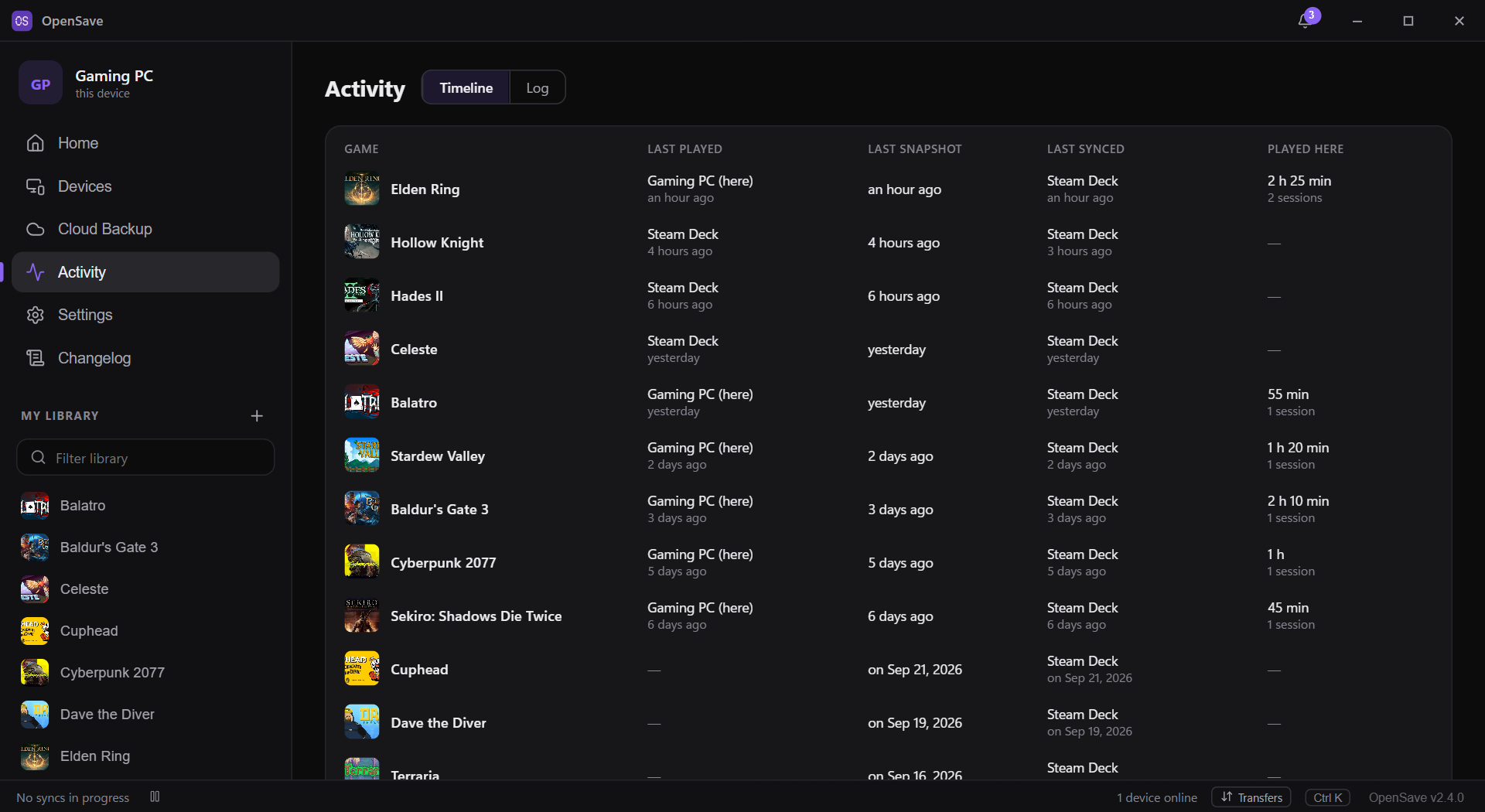 The Activity timeline: for each game, where it was last played, its last snapshot and sync, and the time played on this PC.
