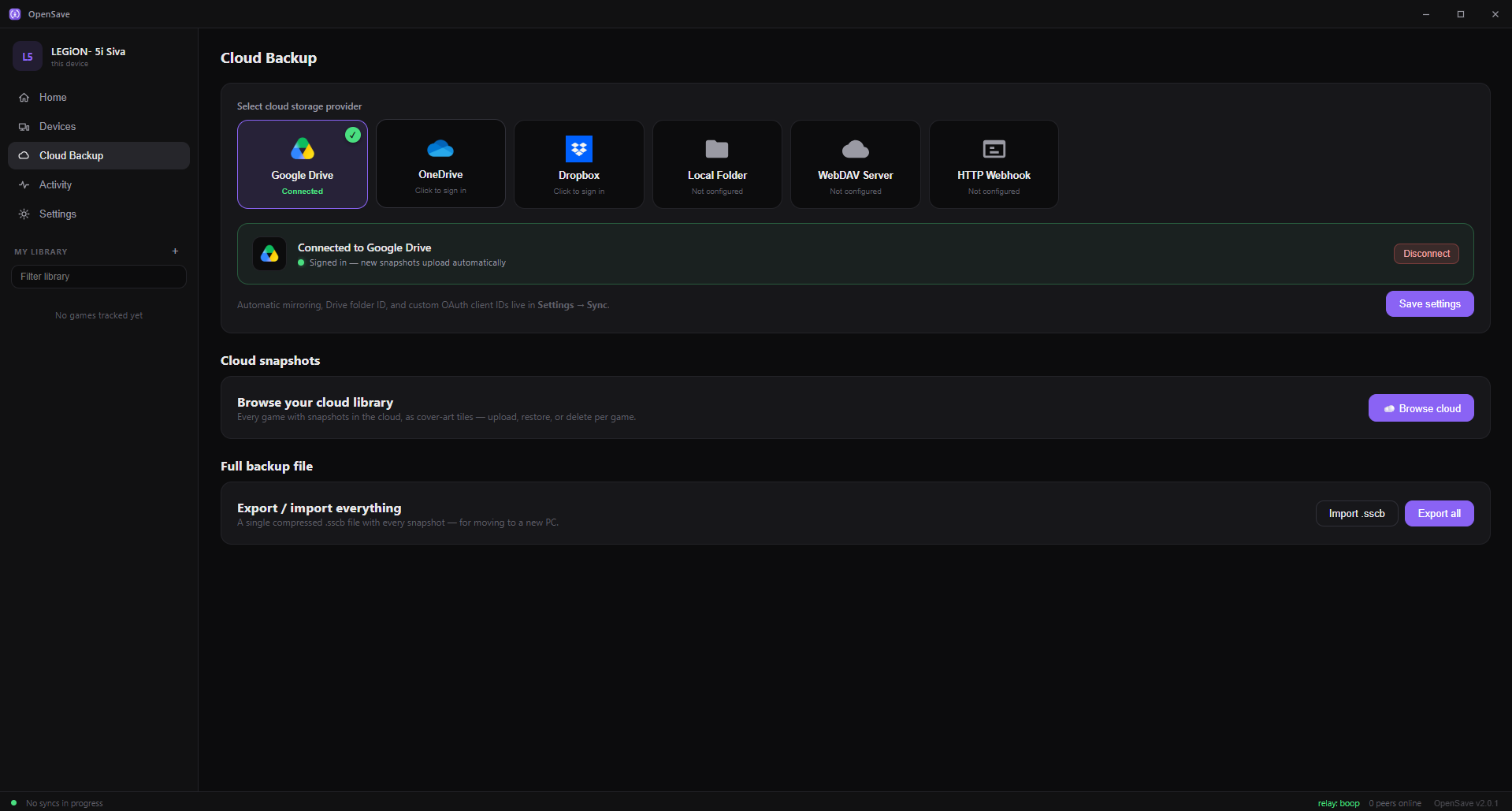 The Cloud Backup screen with provider tiles for Google Drive, OneDrive, Dropbox, WebDAV and more, with Google Drive connected.